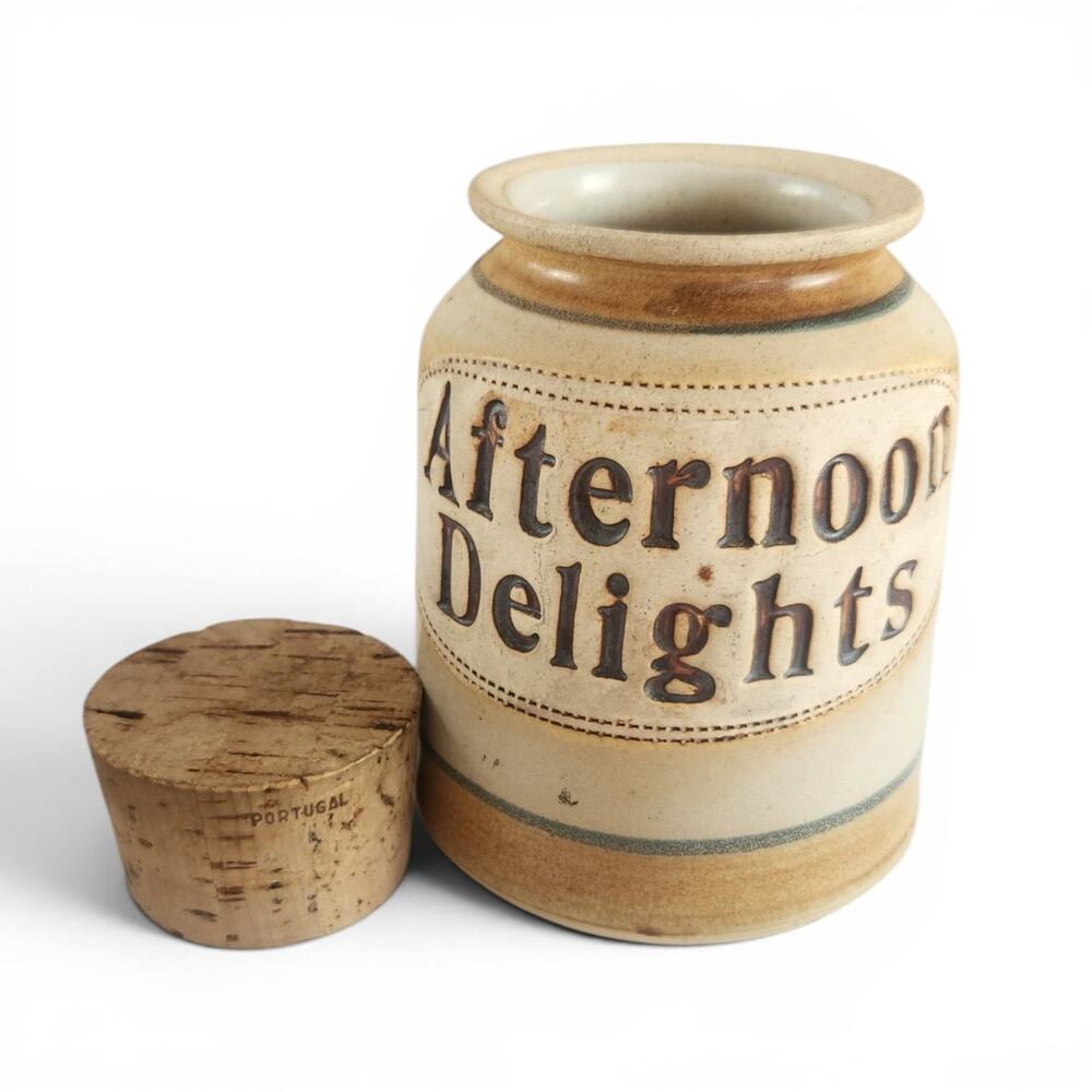 RARE Vtg Dr. Brophy's Word Jar '81 AFTERNOON DELIGHTS Ceramic Cork Clay Beige - Picture 2 of 15